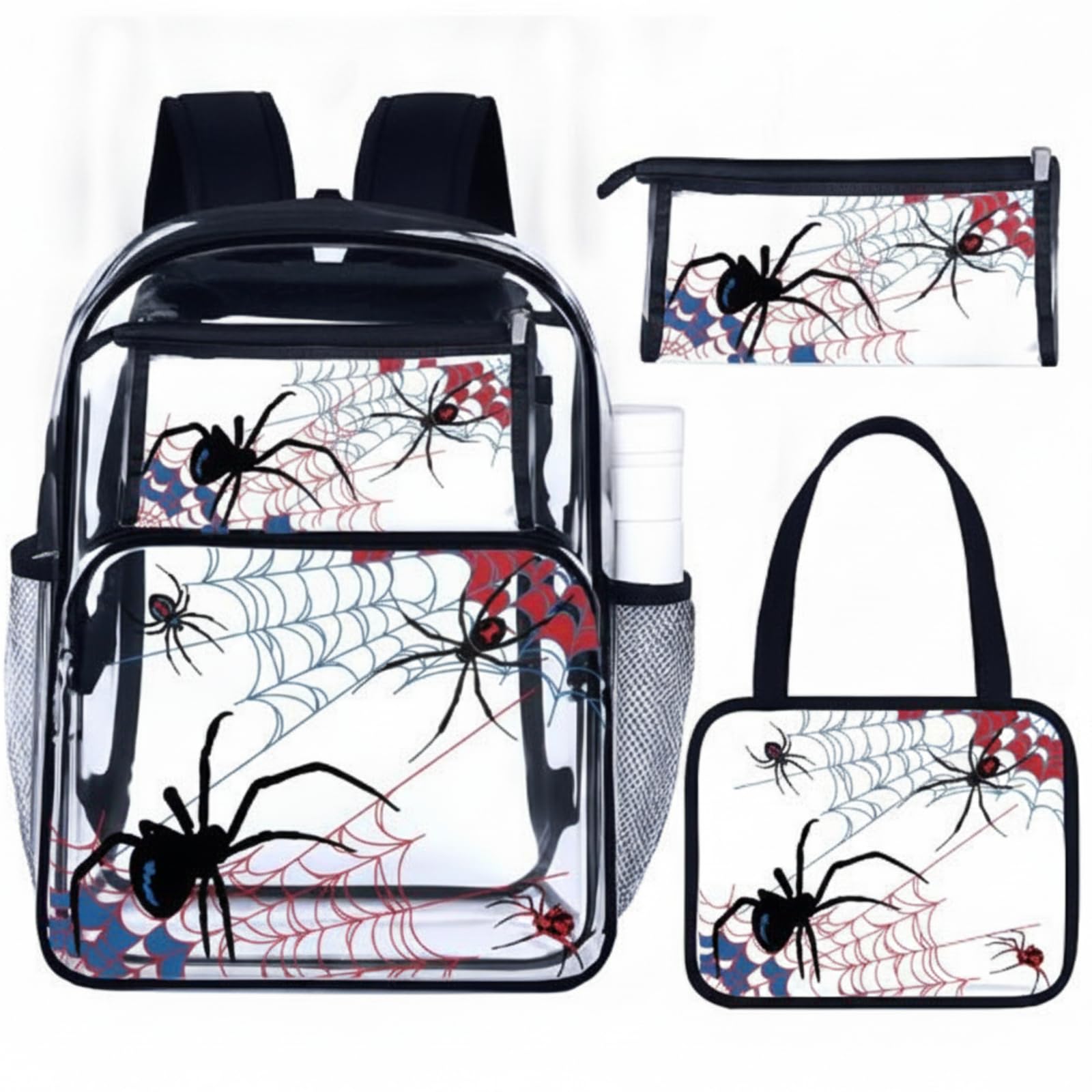 3 Pcs Heavy Duty Clear Backpack Set,Black,Spider