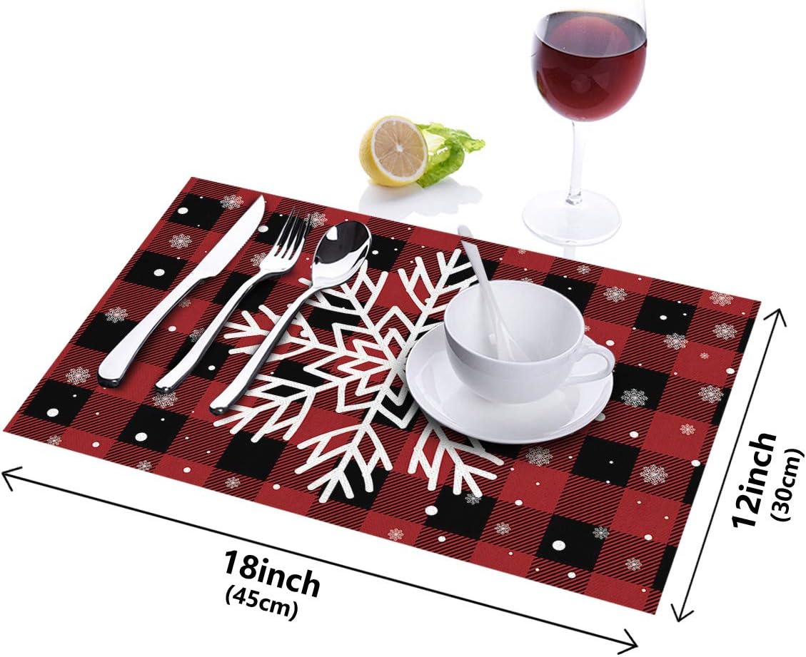 Christmas Placemats Set of 4 Dining Table Mats Linen Burlap Kitchen Place Mats Washable Table Mats Protect A Table from Messes - Xmas Snowflake Red Black Plaid