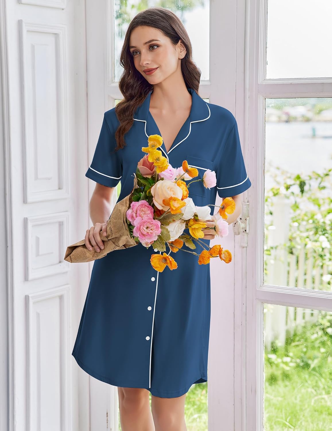 Ekouaer Nightgowns for Women Button Down Sleep Shirts Short Sleeve Nightshirt Classic Pajama Dress Soft Sleepwear S-XXXL - Image 3