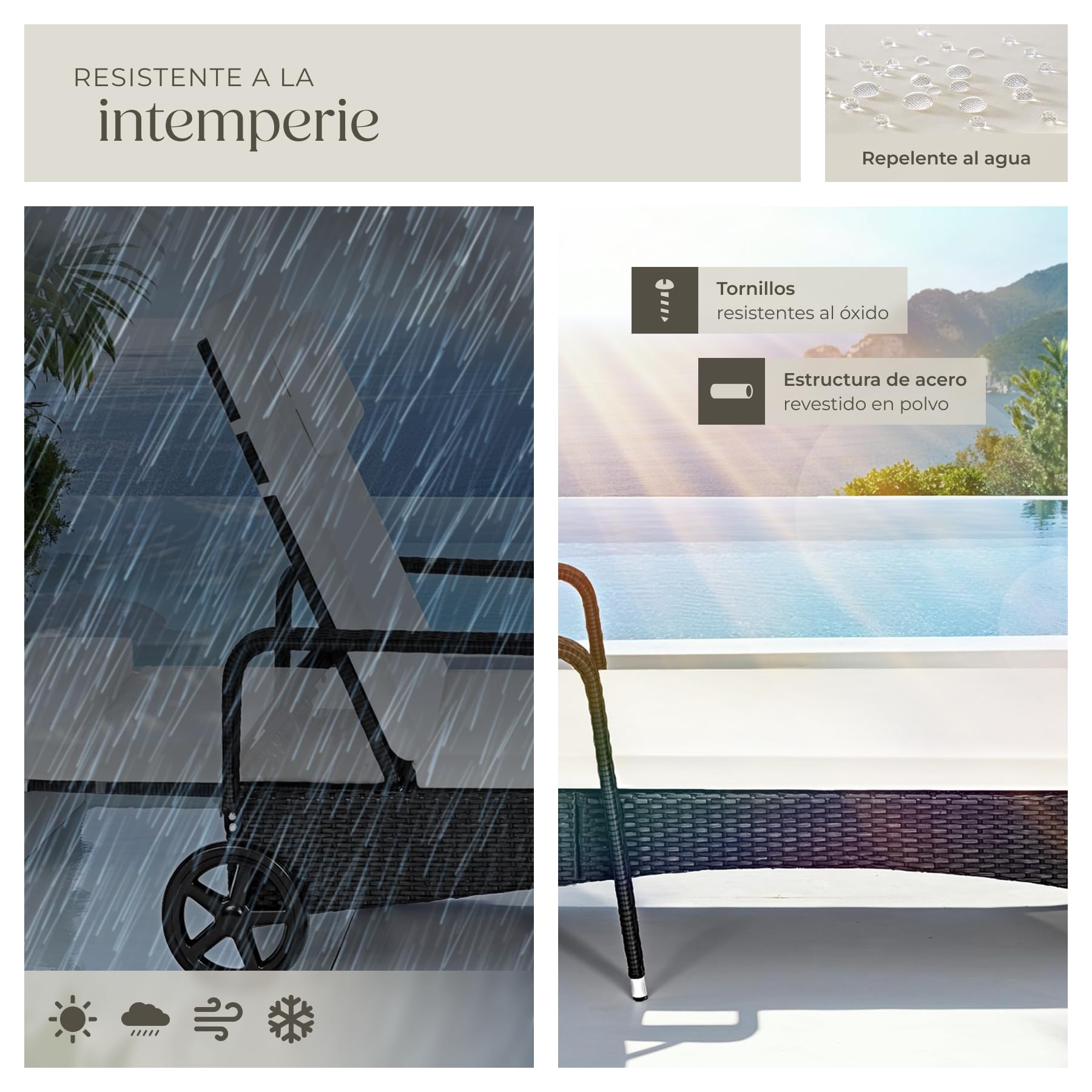 tectake®, Tumbona Chaise Longue, Ajustable de Poliratán con Ruedas, Mueble Exterior Sofa Acolchado para Jardín y Terraza, 6 Posiciones, Fácil de Limpiar, Moderno, Hamaca de Jardín - Negro/Beige