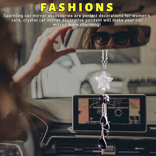 Miniatura 4 de Suvnie Bling Ball and Drops - Colgante colgante de automóvil, adorno de espejo retrovisor automático de cristal para mujeres y niñas, accesorios