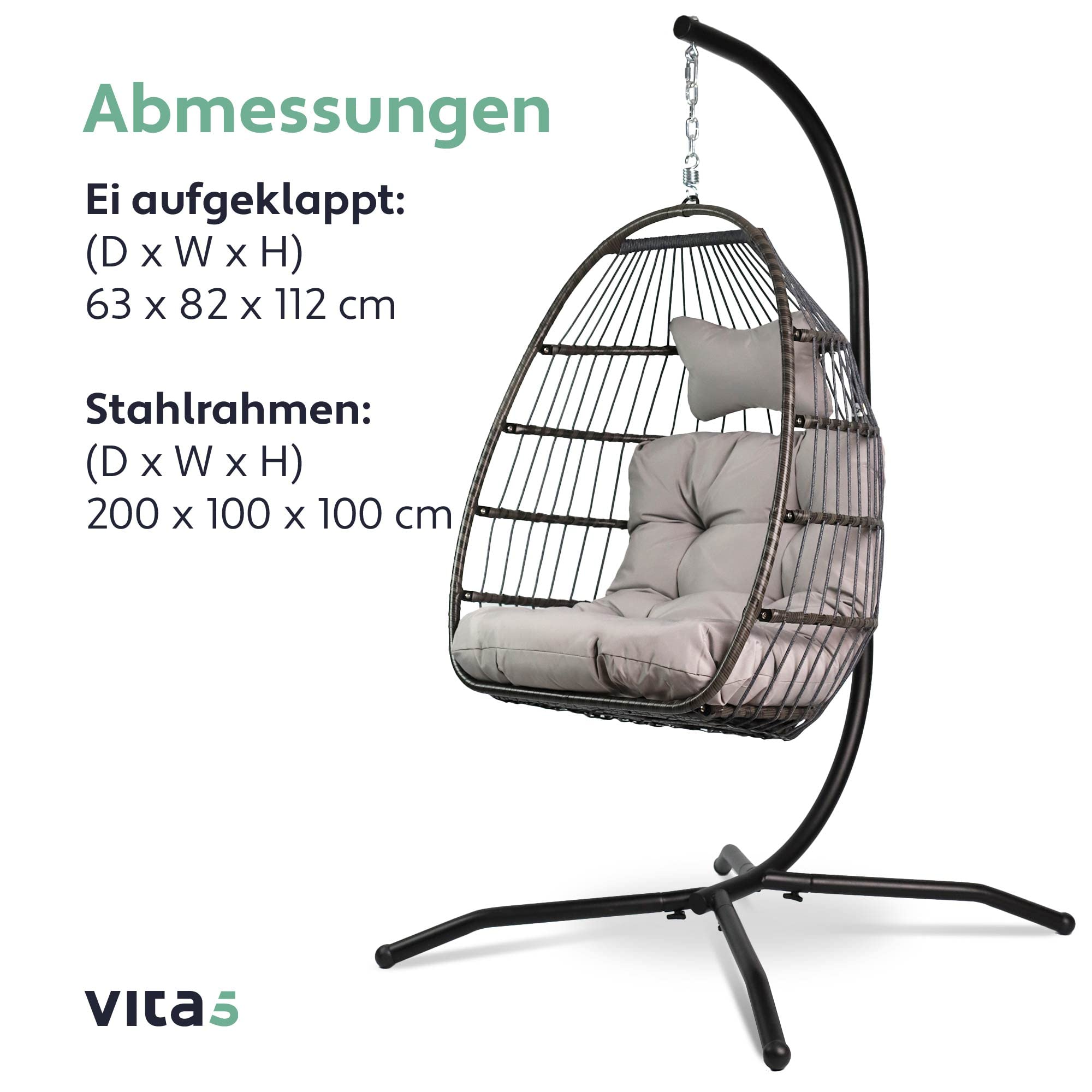 VITA5 Hängesessel mit Gestell - Bequemer Hängekorb Sessel - Rattan Hängesessel Outdoor und Indoor - Boho Egg Schaukel für Terrasse&Leseecke - 150 kg Tragkraft (Grau)