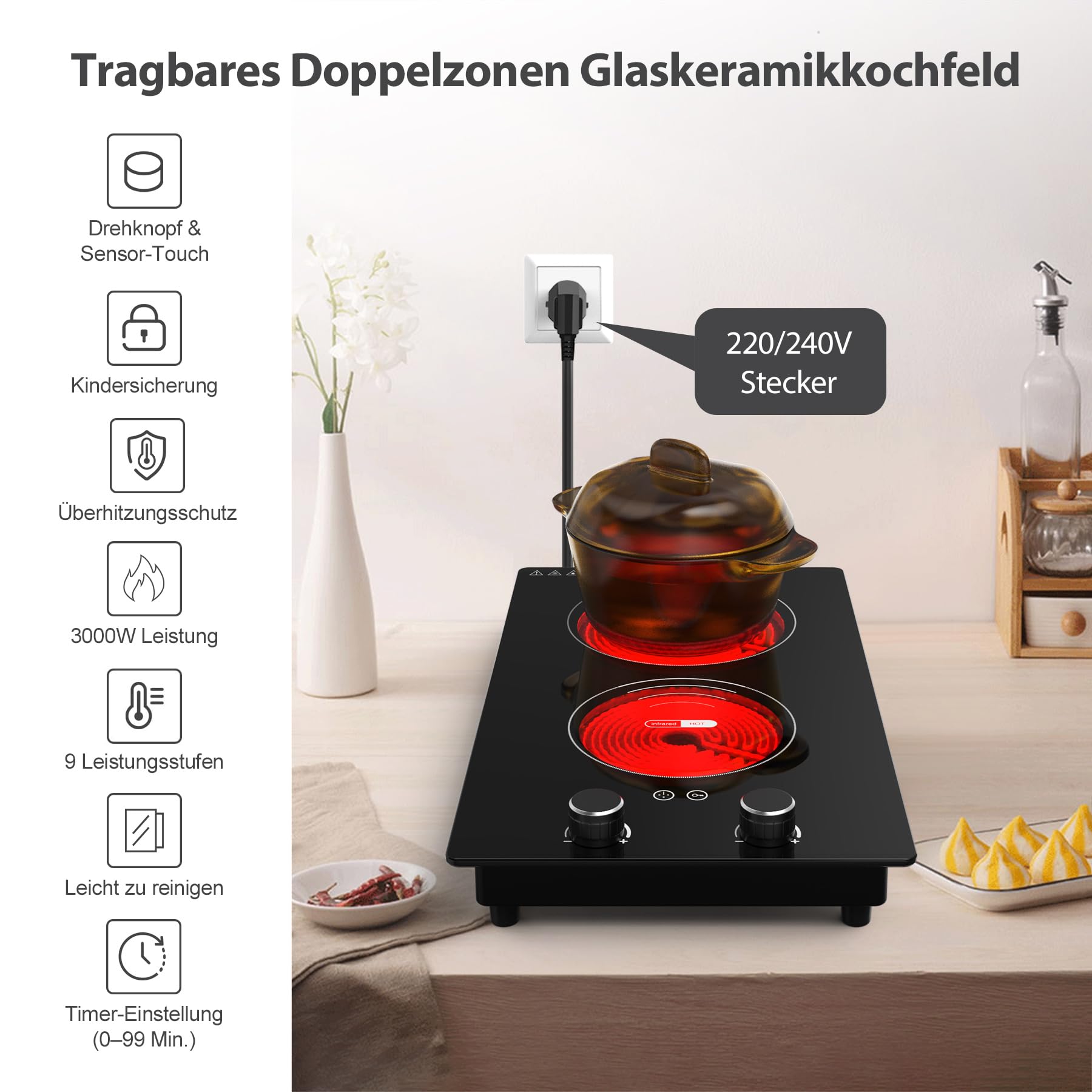 VBGK Glaskeramikkochfeld 2 Platten 29cm 3000W 2 Kochzonen 9 Heizstufen Berührungssteuerung Kindersicherung Timer