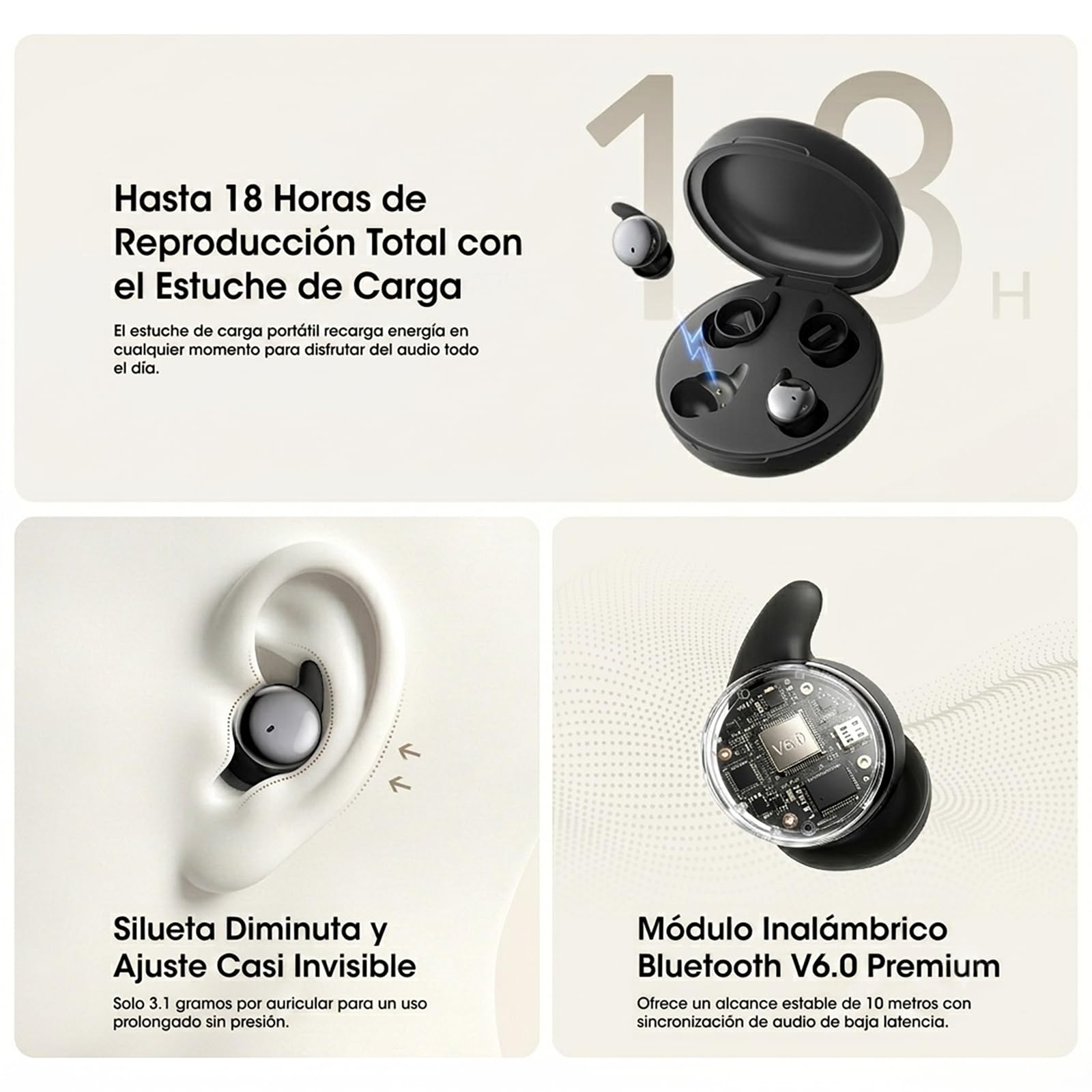 NE90 Auriculares inalámbricos para dormir, funda de carga táctil con reproducción de ruido blanco integrado, Bluetooth 6.0 gemelo, auriculares ligeros para dormir de lado, viajes y conversaciones de
