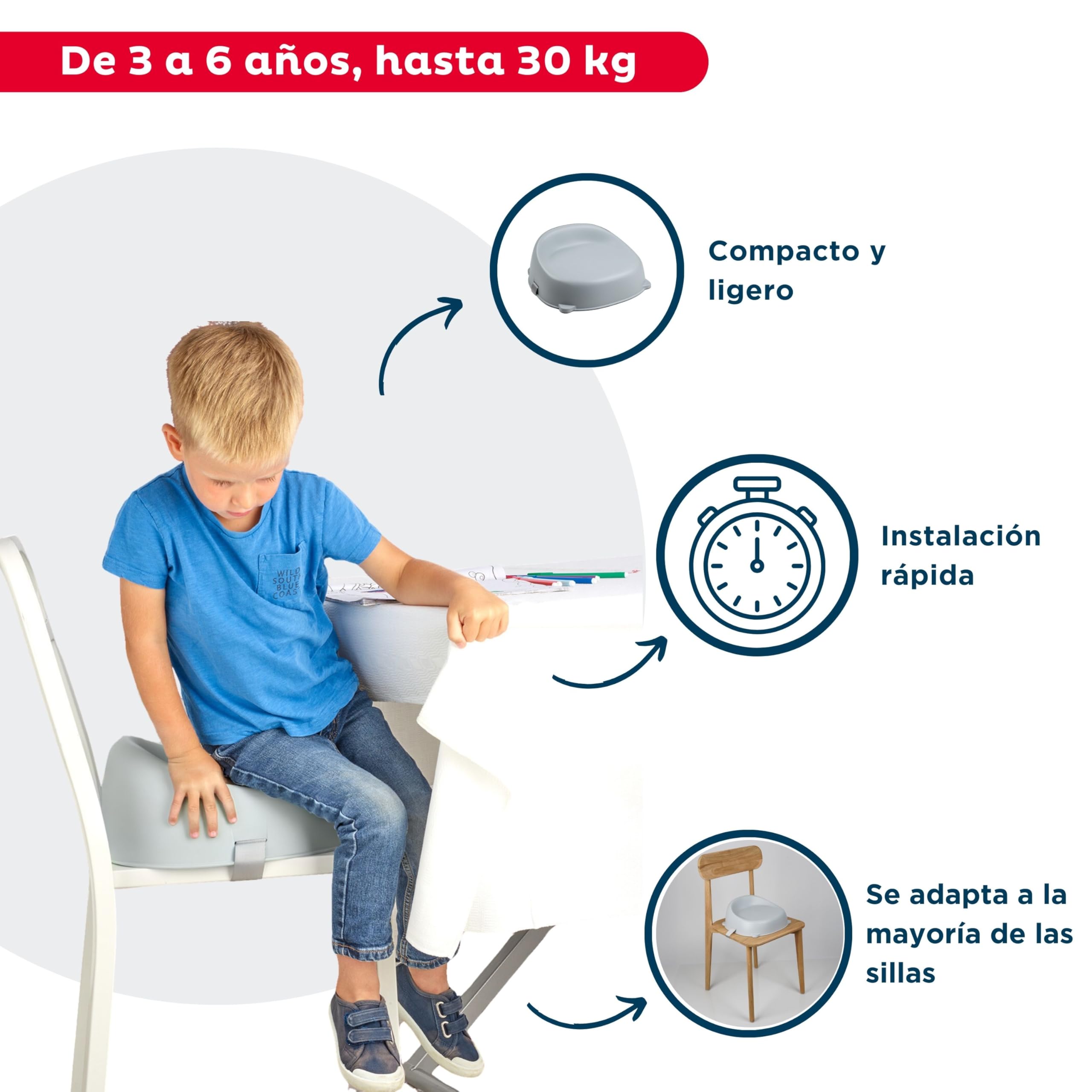 Thermobaby - Elevador de silla EASY - Elevador - Para niños de 3 a 6 años (o hasta 30 Kg) - Cómodo - Ligero y transportable - Fácil de instalar - Gris Charme - Fabricado en Francia