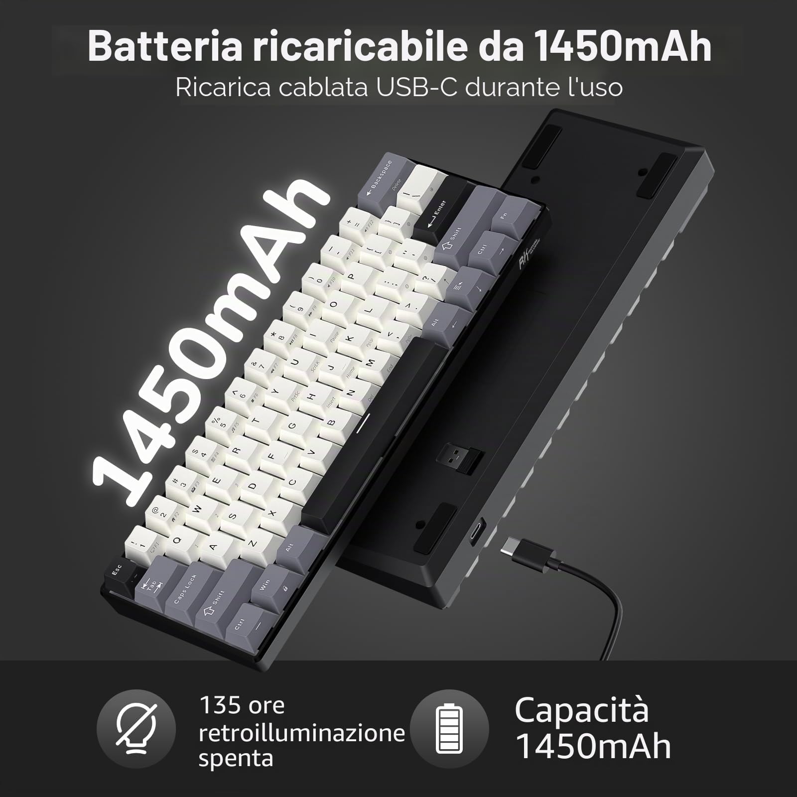 RK ROYAL KLUDGE RK61, tastiera meccanica wireless 60%, compatta, QWERTY | Tastiera da gioco compatta a 61 tasti, modalità tripla BT5.0/2.4G/USB-C, tasti PBT, software Pro, hot swap personalizzato