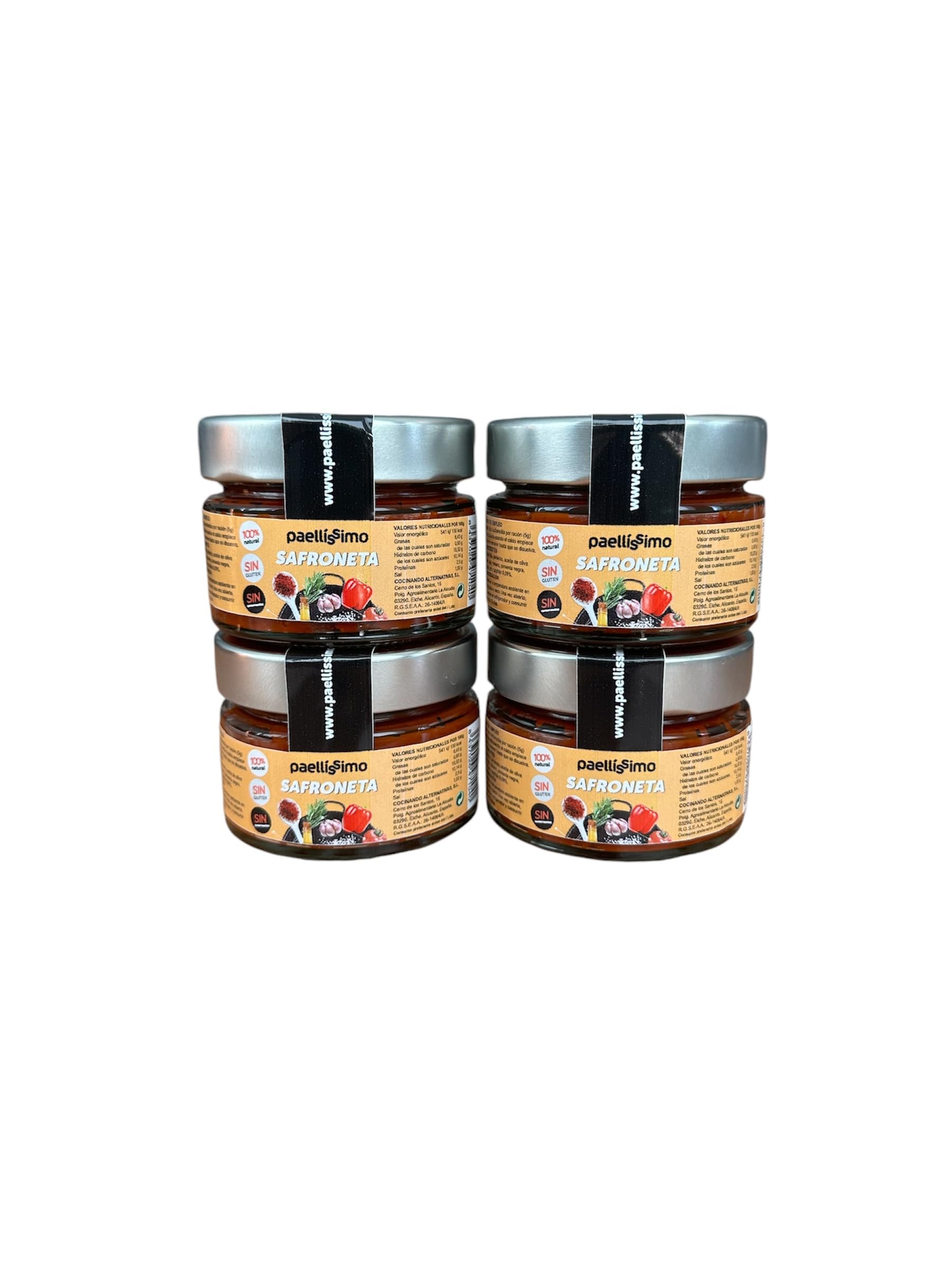 Paellissimo – Safroneta, Salsa Salmorreta con Azafrán y Romero para Paella de Campo, Sofrito para Potenciar el Sabor de Paellas, Arroces, Fideuás y Guisos - 4 Tarros de 110gr (22 raciones por tarro)