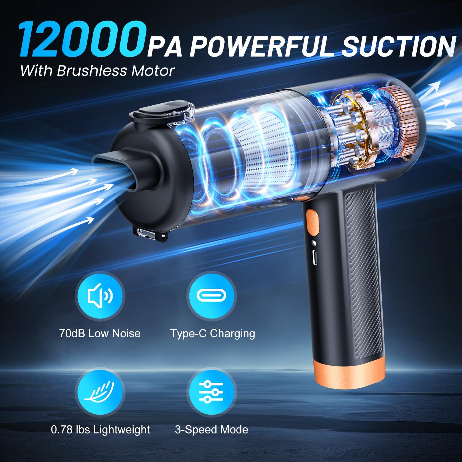 ofottofo Aspiradora Auto Potente, 12000PA Piccolo Aspirabriciole Senza Fili, Mini Aspirapolvere Portatile Ricaricabile Para Sofás, Peli Animali, Camping con Display LED 2 Velocidades