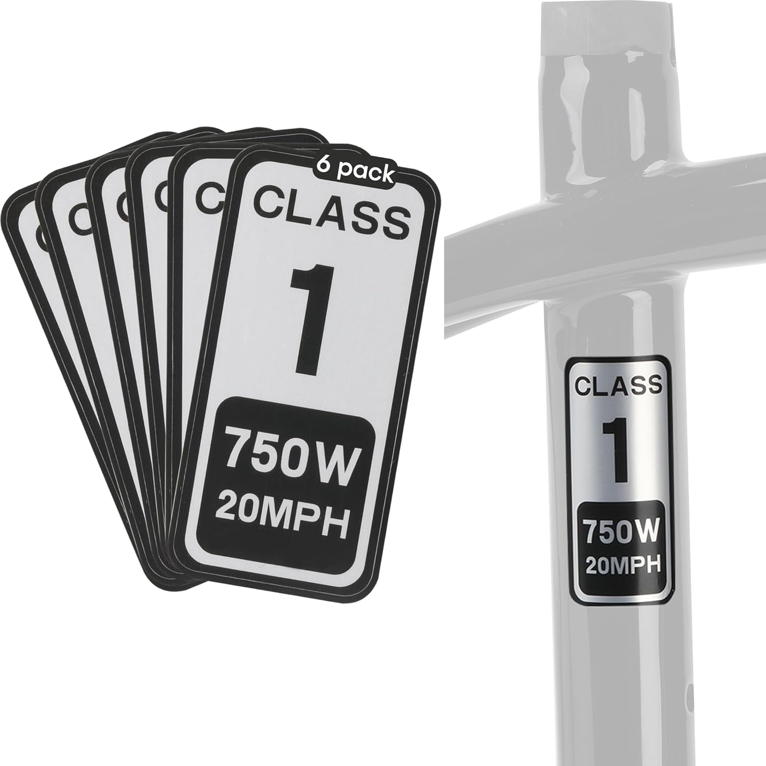 EBike Class 1 Stickers, 750W 20MPH Labels, Waterproof Decals for Electric Bicycl