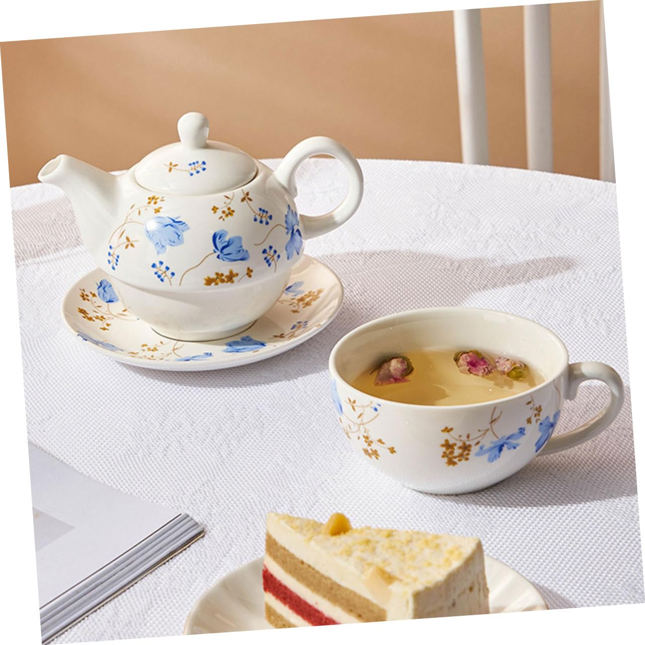 Cabilock Juego de Té de Cerámica con Tetera y Taza, 480ml y 350ml, para Hojas Sueltas o Infusión de Frutas en Viajes y Reuniones