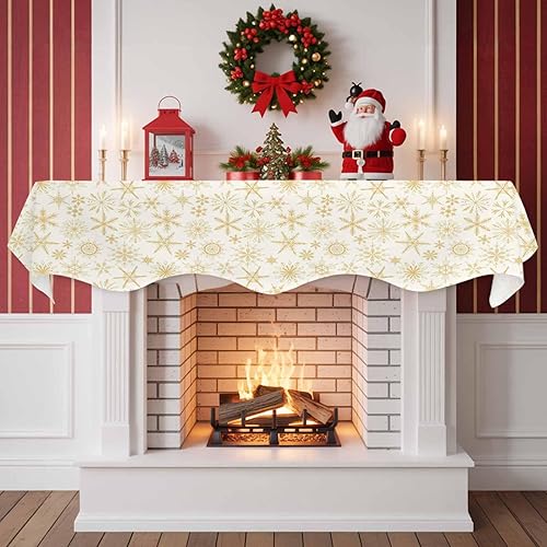 Miniatura 2 de Bufanda de Navidad para chimenea, copos de nieve dorados, bufanda de mantel de Navidad, bufandas de mantel blanco, camino para Navidad, vacaciones,