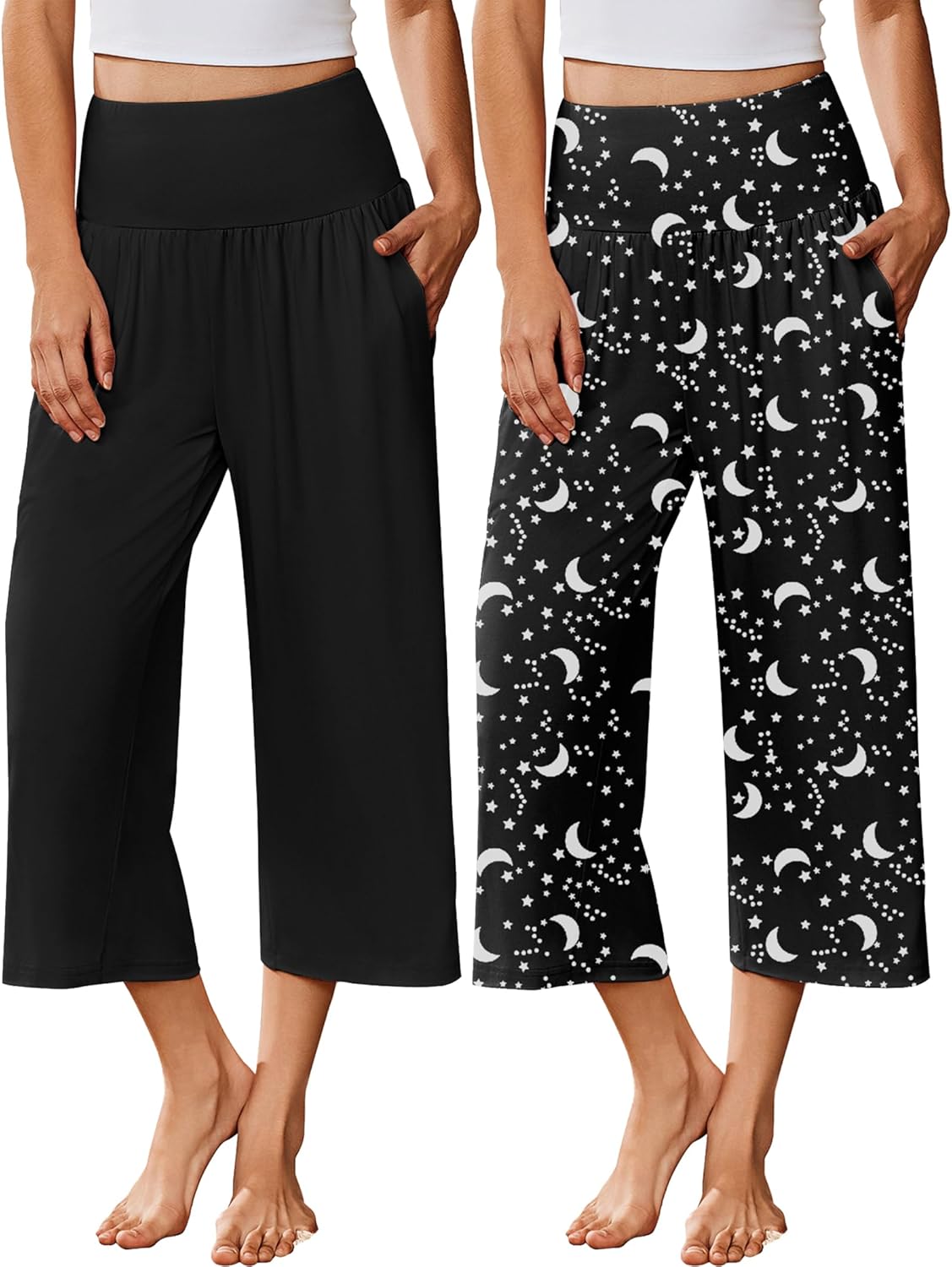 Ekouaer 2 Pack Womens Pajama Pants Wide Leg Capri Yoga Pants Lounge Comfy Sleep Pj Bottoms with Pockets