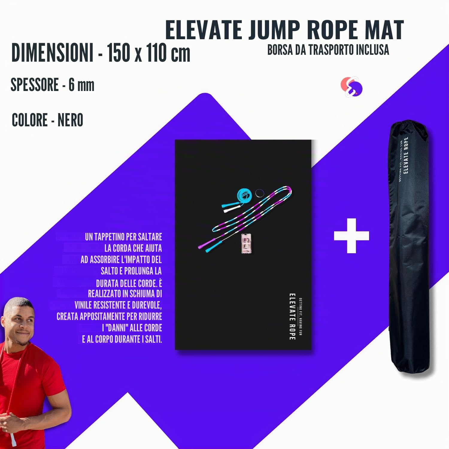 Elevate Rope - Tappetino portatile per corda da salto inclusa borsa da trasporto - Tappetino antiscivolo per esercizi di grandi dimensioni - Tappetino per corda da salto interno/esterno - Spessore 6