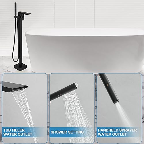 Miniatura 3 de RUMOSE Llenador de bañera negro mate, relleno de bañera independiente, grifo de bañera de montaje en cascada, grifo de bañera de latón de alto flujo