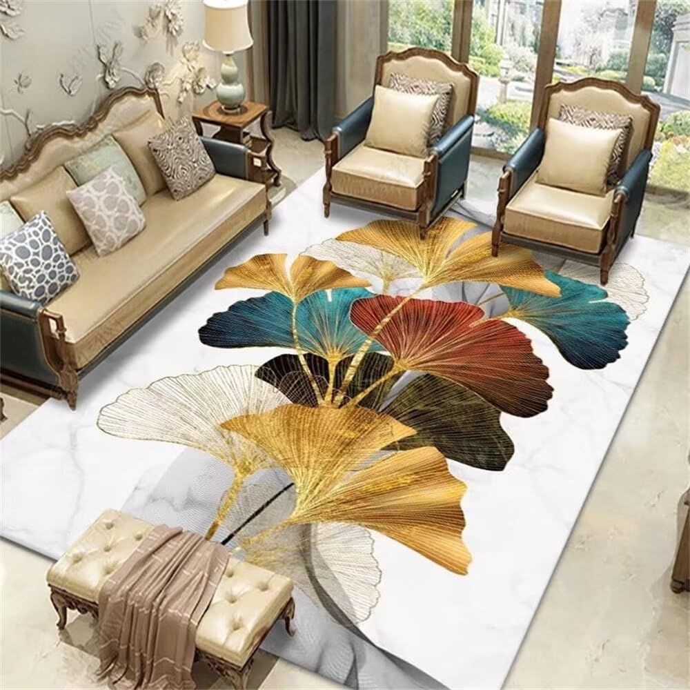 Tapis enfant fille gris 120x160cm au motif de feuilles jaunes et bleues pour salon