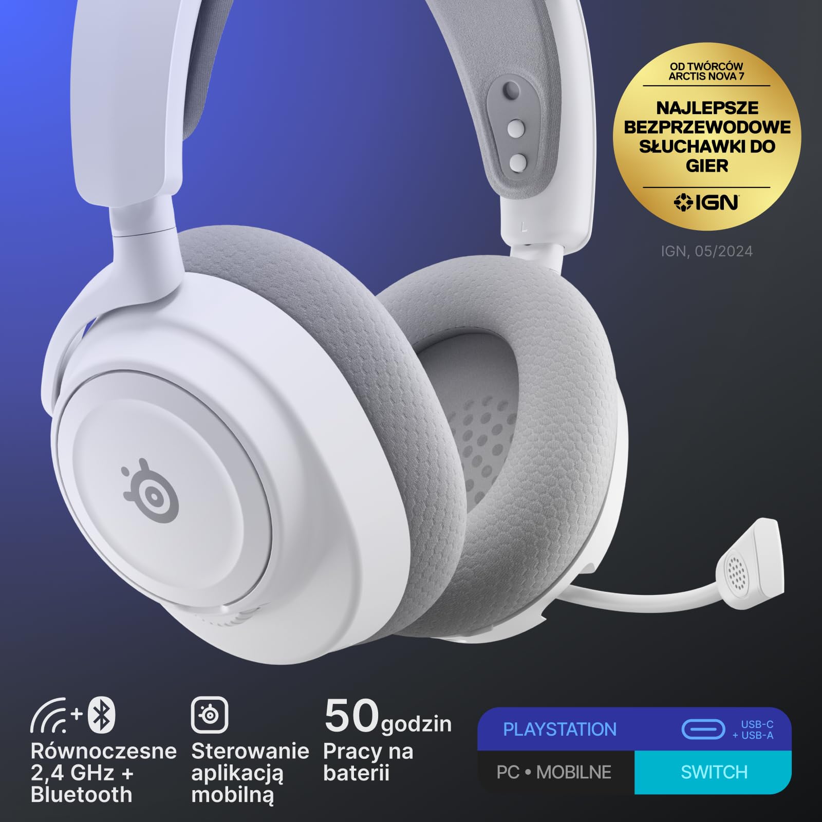 SteelSeries Arctis Nova 7P Wireless Gen 2 do gier -sterowanie aplikacją w czasie rzeczywistym - 50H + -przetworniki magnetyczne z magnesem neodymowym -miks 2,4 GHz/Bluetooth -PS5,PC, Switch 1/2,mobile