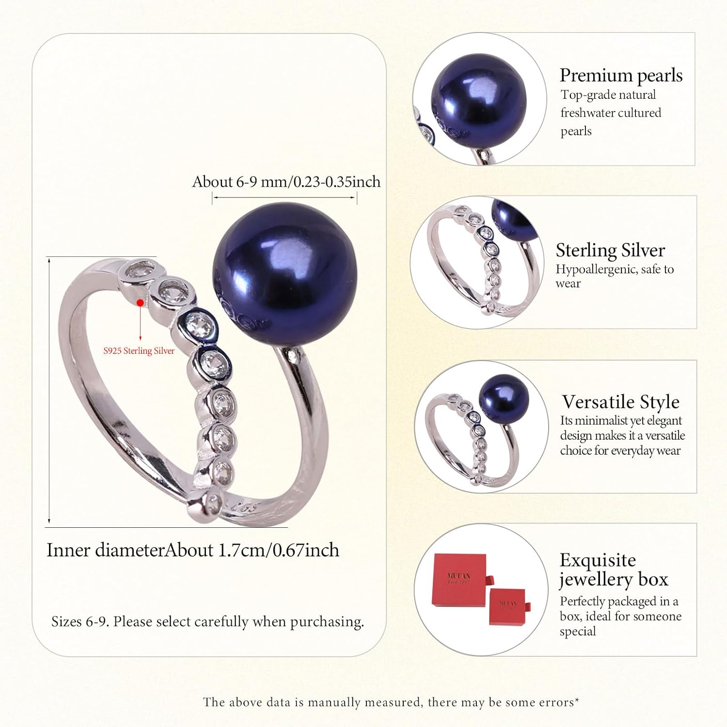 6-9 MM Natural Freshwater Cultured Pearl Ring for Women, 18k Gold-Plated and Sterling Silver, Ideal for Weddings Anniversaries Birthdays Parties Women's Jewelry Gift