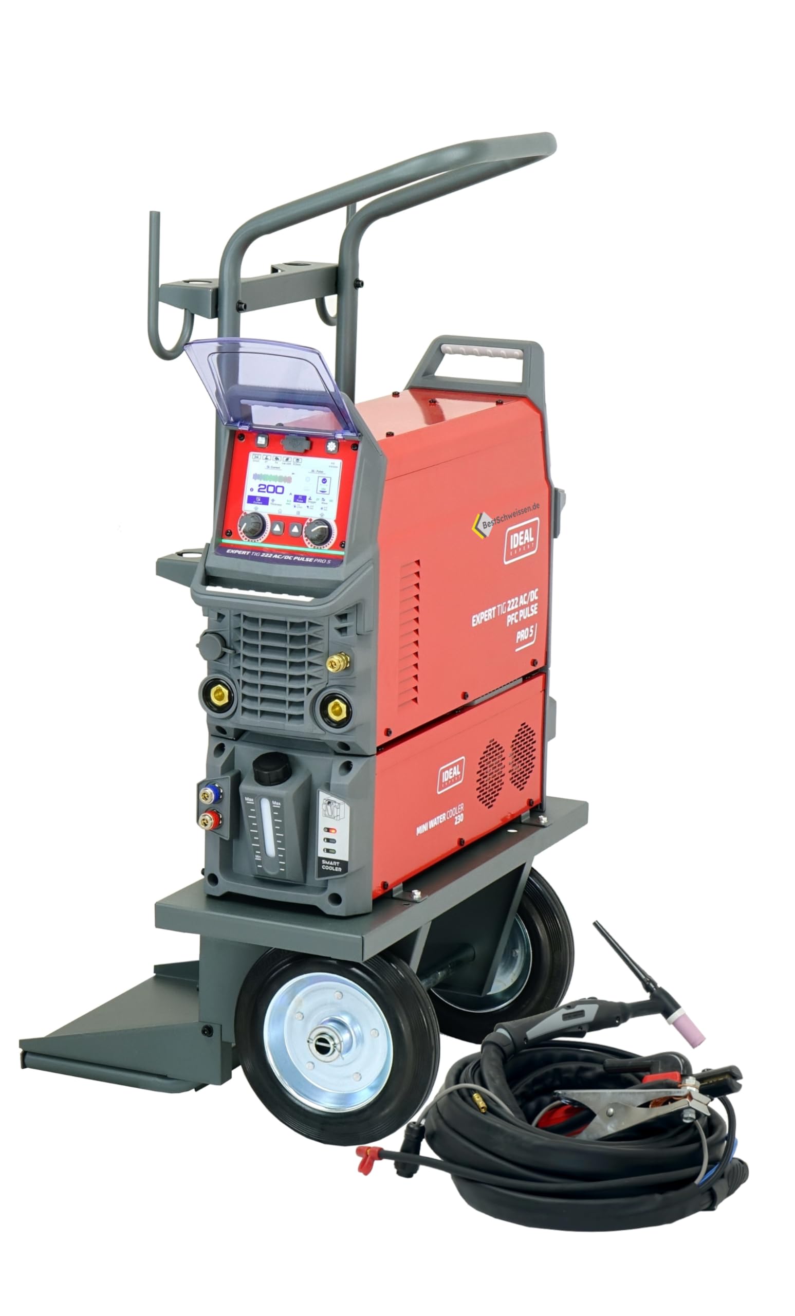 Ideal Expert TIG 222 AC/DC PFC Pulse Pro5 LCD – Máquina de soldar profesional con radiador, carro, función de pulso e encendido RF para soldadura de aluminio precisa y MMA – 230 V 200 A máquina de