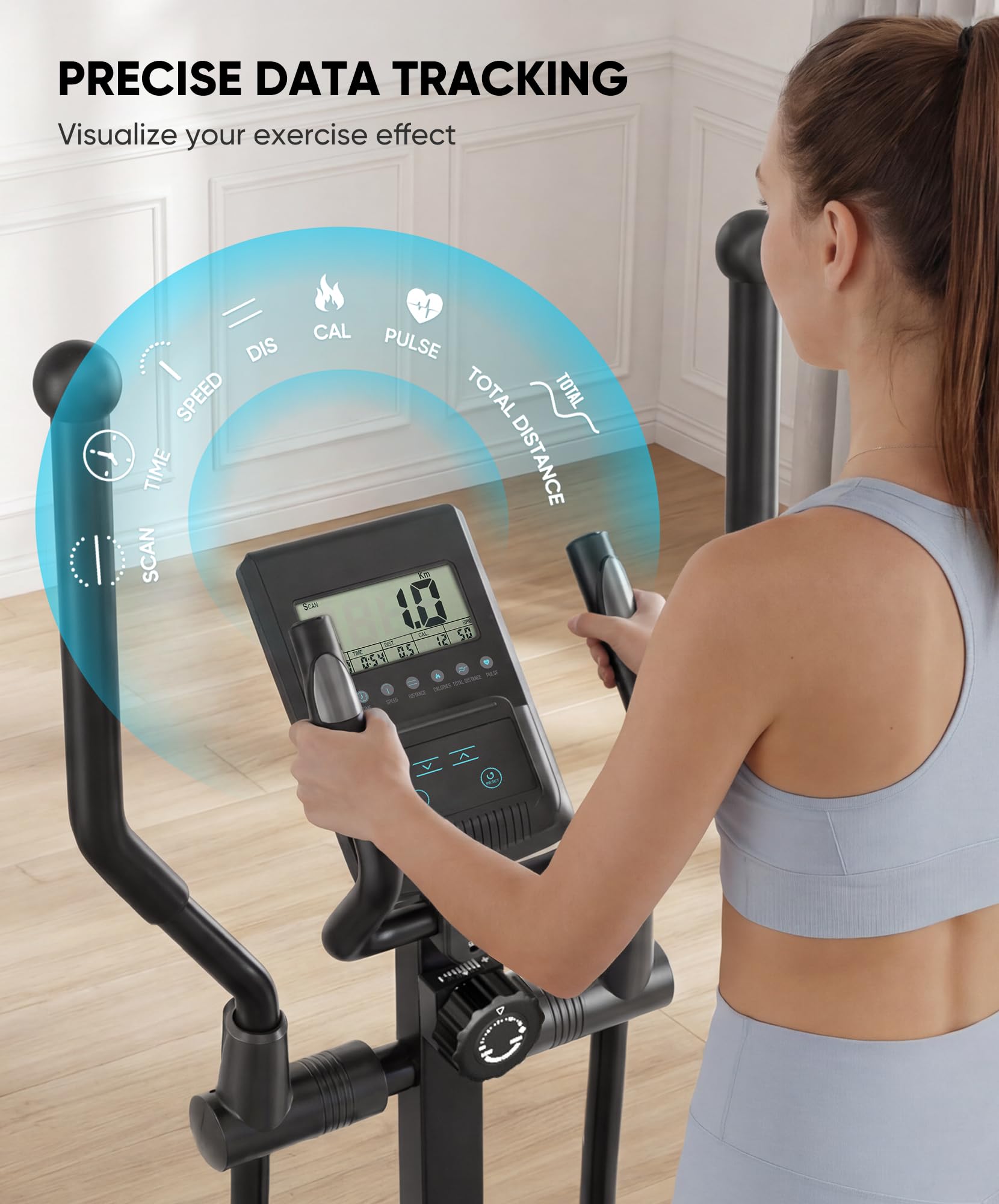 THERUN Vélo Elliptique Silencieux pour Maison, 16 Niveaux de Résistance Magnétique, Supporte Jusqu’à 120 kg, Écran LCD, Entraînement Cardio Corps Complet