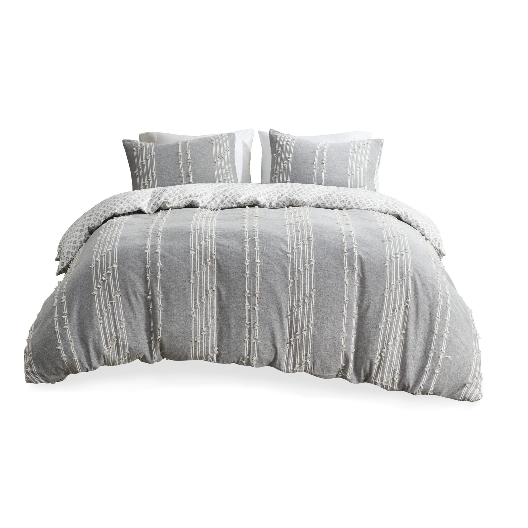 INK+IVY Kara Cotton Comforter Set, Clipped Jacquard Stripes and Diamond Printed Reverse, Modern