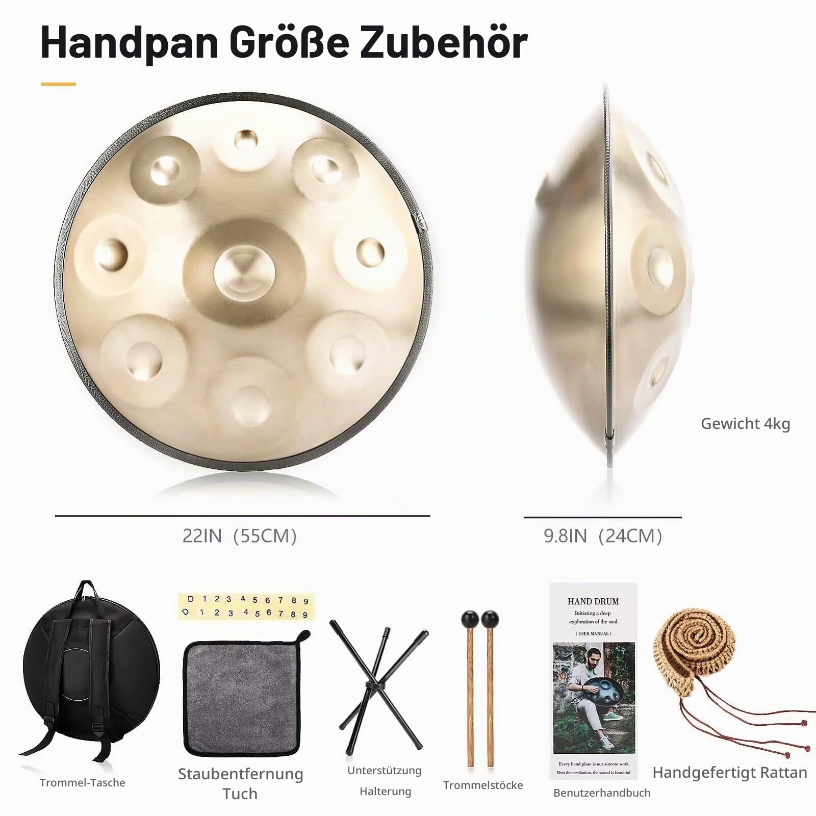Handpan 440 Hz, 9 Töne 22 Zoll Steel Handpan Instrument, "Gold Performer" in D Minor Zungentrommel, mit Handpan Weicher Tasche, Schlägeln, Handtrommelständer Für Anfänger, Profis, Musiktherapie