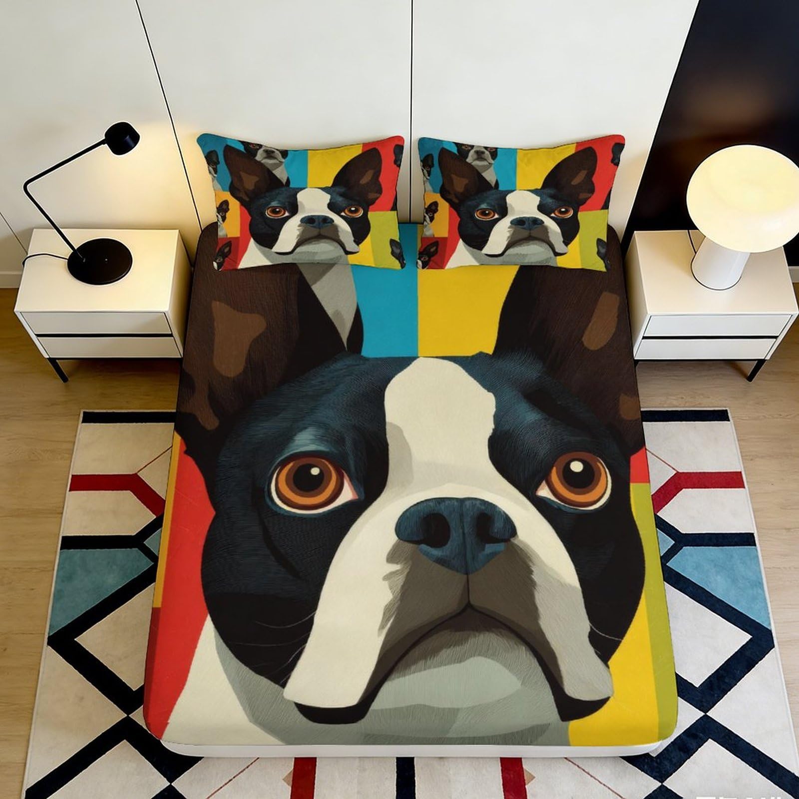 3D Printed Boston Terrier Fitted Sheet Microfiber Soft Breathable Colorful Dog Face Bed Cover for Bedroom Dormitory Guest Room Mattress Protection 160x200x25cm