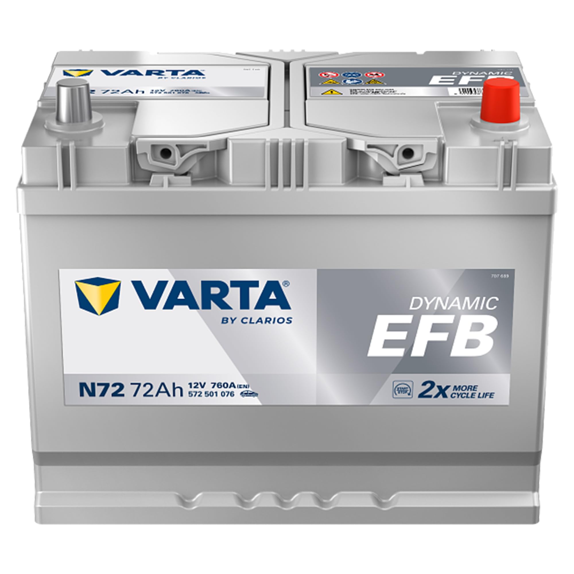 VARTA Automotive DYNAMIC EFB (N72) 12V 72Ah 760A - Nassbatterie für Start-Stopp Systeme - Starterbatterie für Autos mit erhöhtem Energiebedarf - Wartungsfreie Bleisäurebatterie