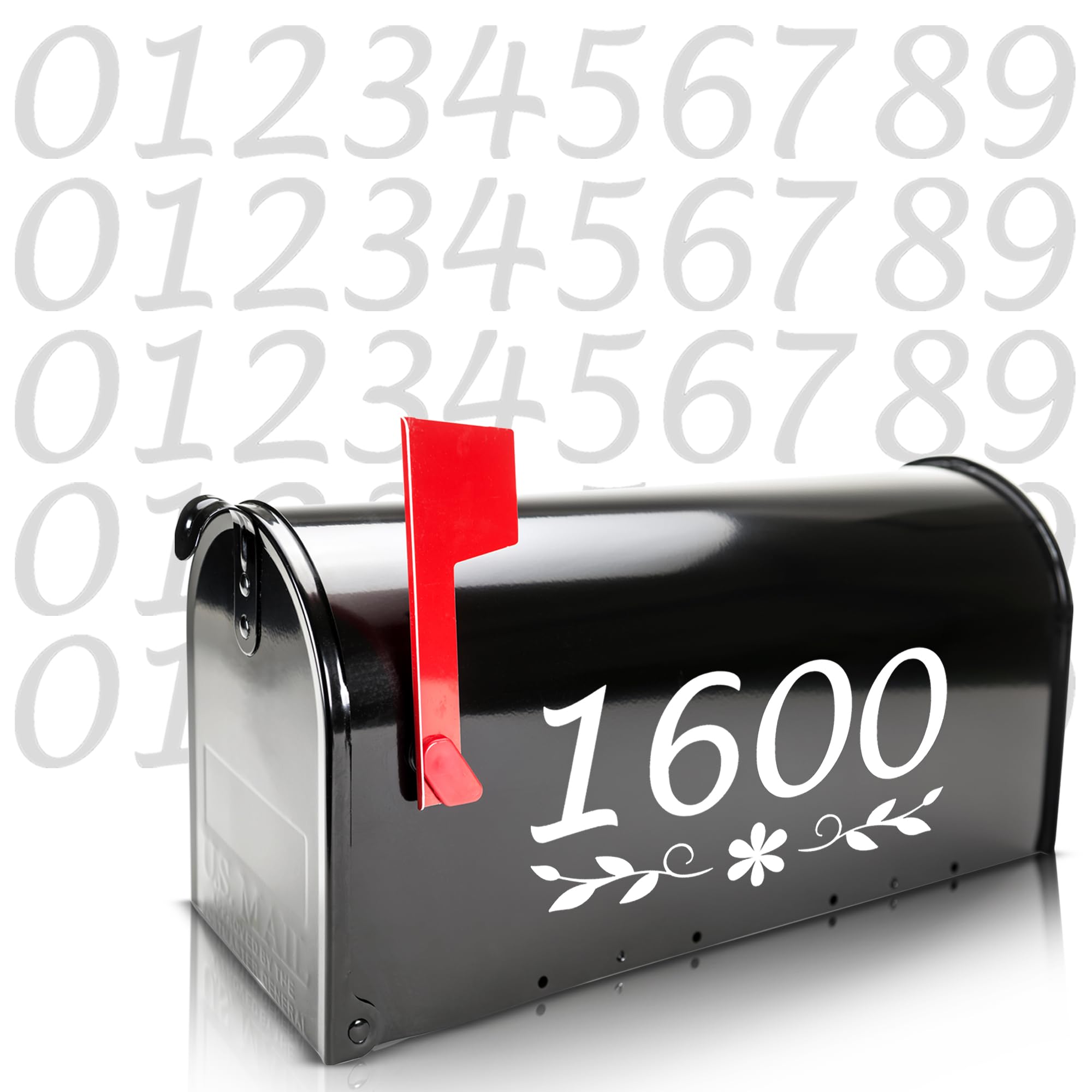 Reflective Mailbox Numbers for Outside - 5 Sets, 2" Tall, 0-9 House Address Number Stickers for Mail Box - White Self-Adhesive Vinyl Decals - Waterproof and UV Resistant