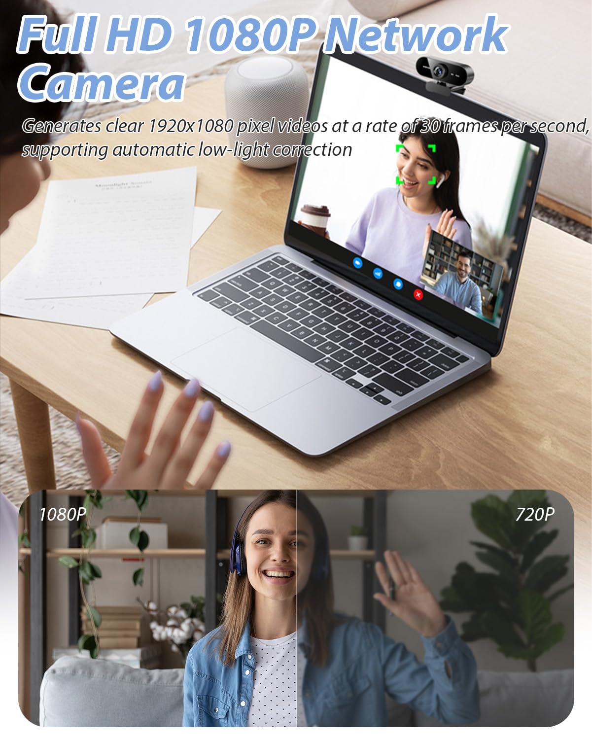 Webcam Full HD, 1080P/30fps Webcam mit Mikrofon, Facecam USB Web Cam, 90° Weitwinkel Rauschunterdrückung, Automatische Lichtkorrektur, Plug&Play für PC Live-Streaming Videoanruf Konferenz Spiel
