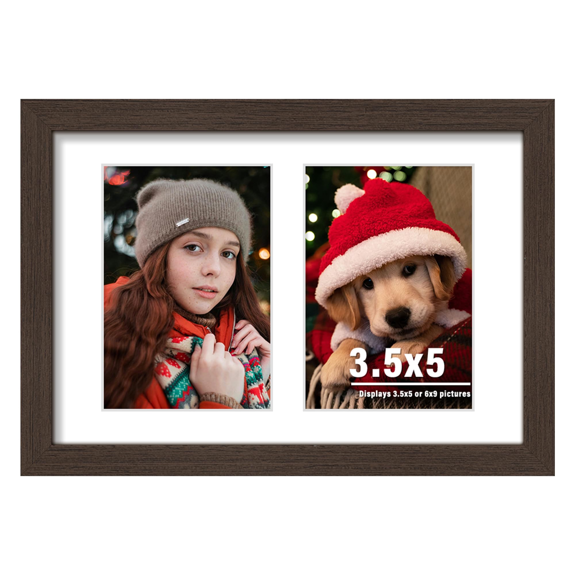 DUENPY 6x9 Picture Frame Double 3.5x5 Collage Picture Frame Displays Two 3.5x5 inch Photos Collage Wall Decor Wall Hanging or Tabletop Walnut