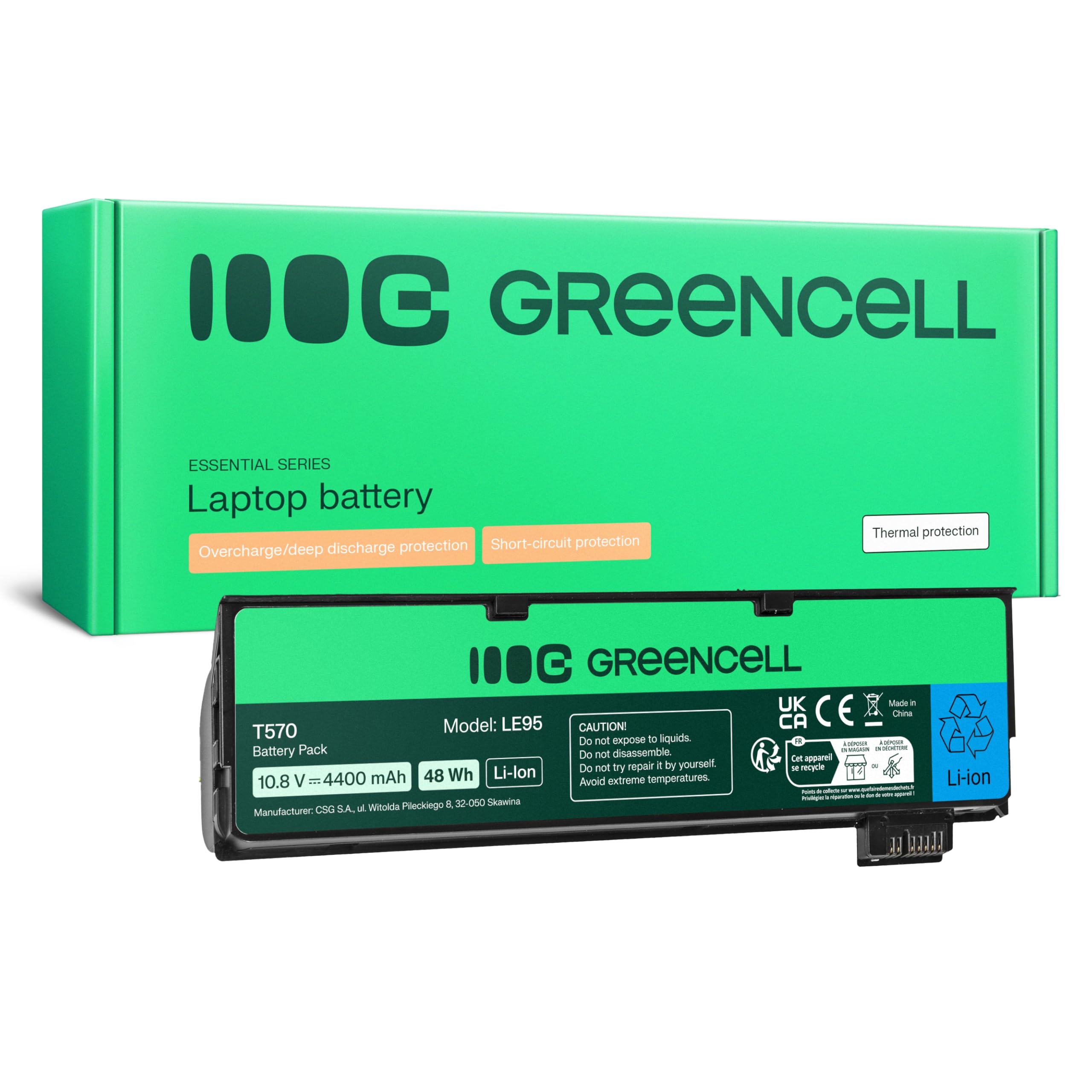 Green Cell 01AV424 SB10K97584 SB10K97585 SB10K97597 4X50M08810 4X50M08812 Laptop Akku für Lenovo ThinkPad T470 T570 A475 P51S T25 (6 Zellen, 4400mAh, 10.8-11.1 V, Farbe Schwarz)