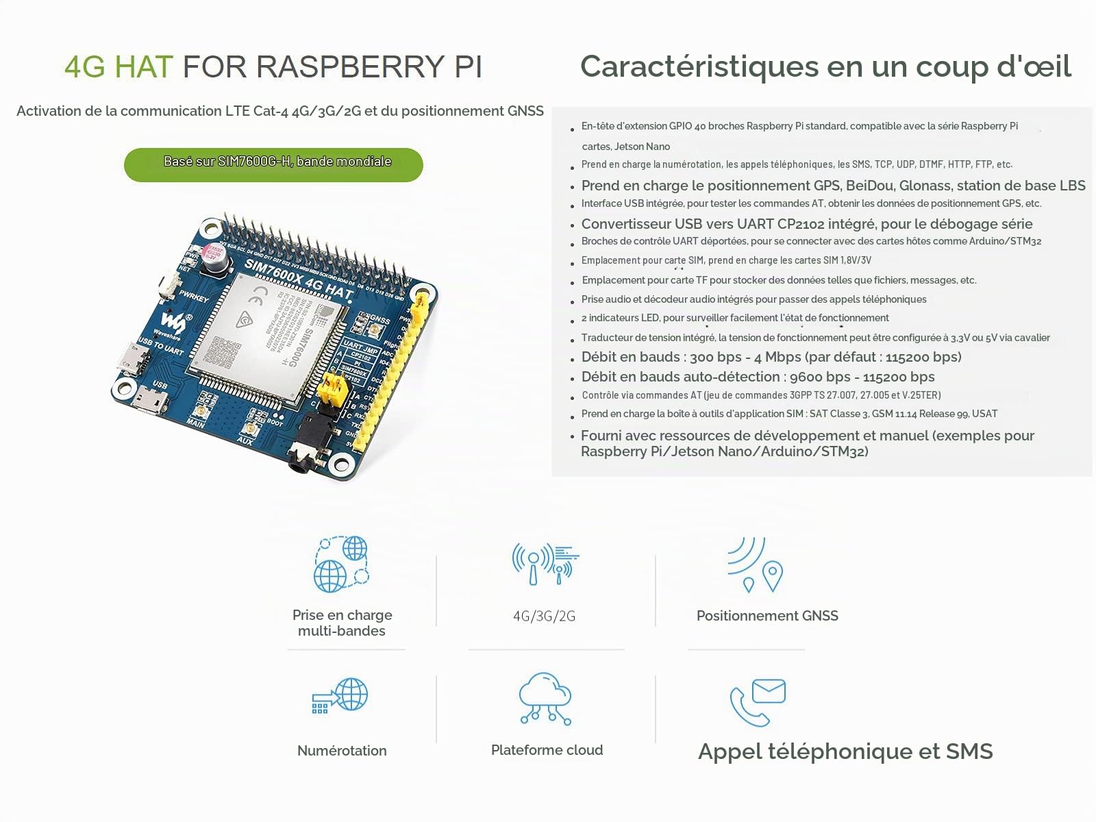Waveshare 4G/3G/2G/GSM/GPRS/GNSS Hat for Raspberry Pi Jetson Nano Based on SIM7600G-H Supports LTE CAT4 up to 150Mbps for Downlink Data Transfer The Global Version Positioning Module