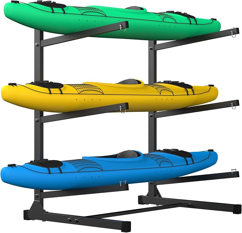 Estante de almacenamiento para kayak, estante para kayak de 3 niveles para garaje, soporte de acero independiente | 100 libras por nivel, acero resistente, puntos de anclaje, ajustables para kayaks, canoas y tablas de remo