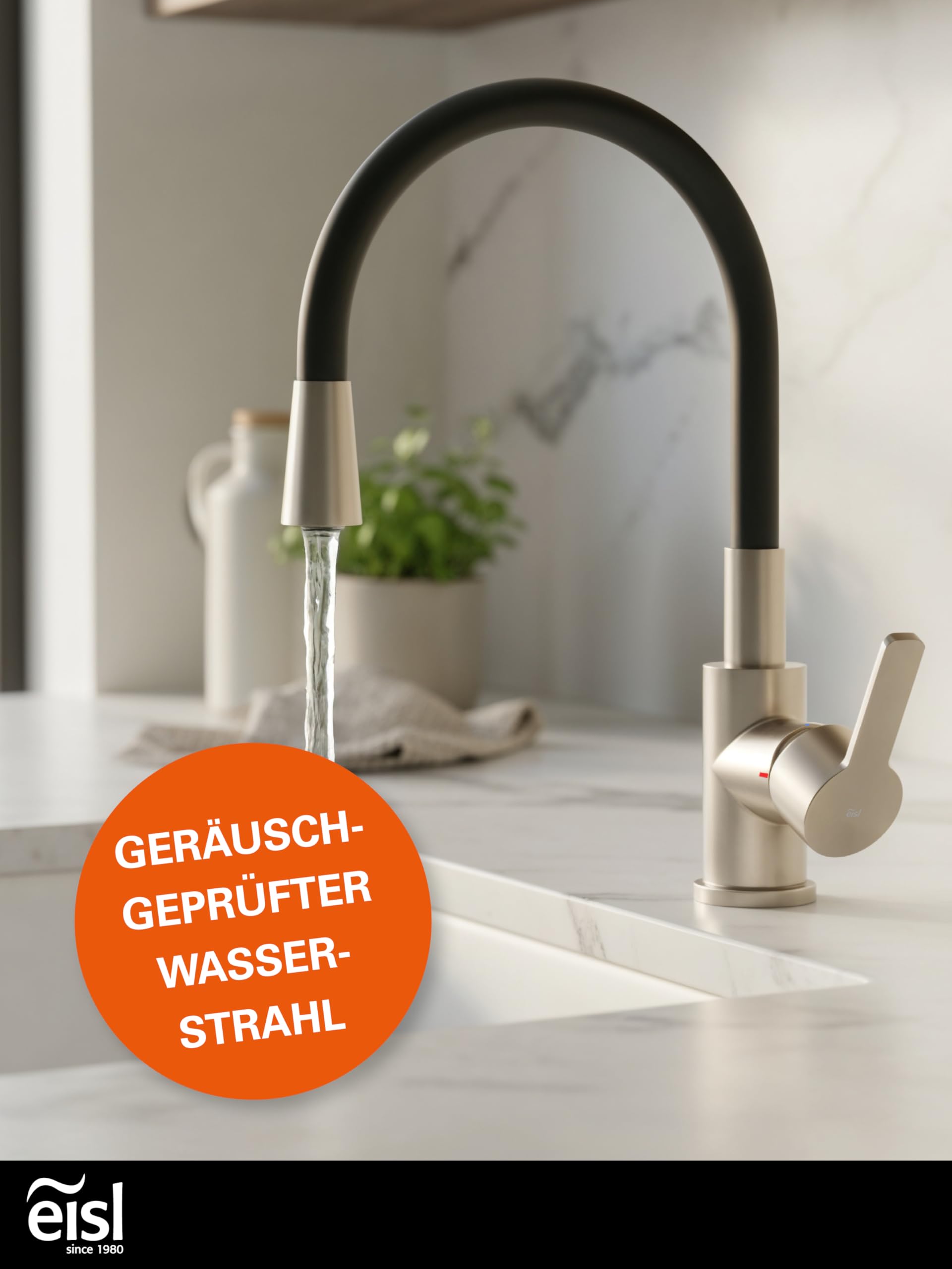 EISL Flexo Edelstahl/Schwarz Flexible Spültischarmatur Niederdruck, biegsamer Wasserhahn für die Küche, mit Soft-Touch-Schlauch, 360 Grad schwenkbar, Wasserhahn Küche flexibel, NI186FLNIB-LPU