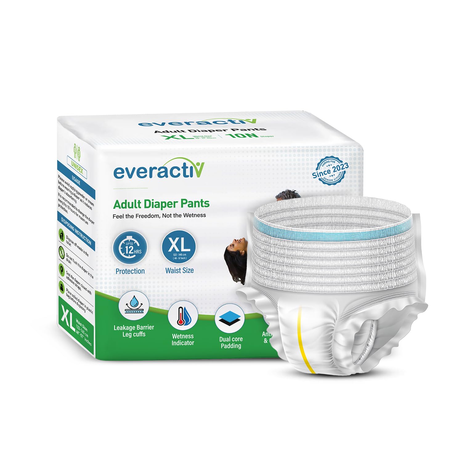 Everactiv Adult Diaper | Pants Style | Extra Large Size | Waist 48-57 inch; 122-145cm | 12 hr Absorption-Protection | Un