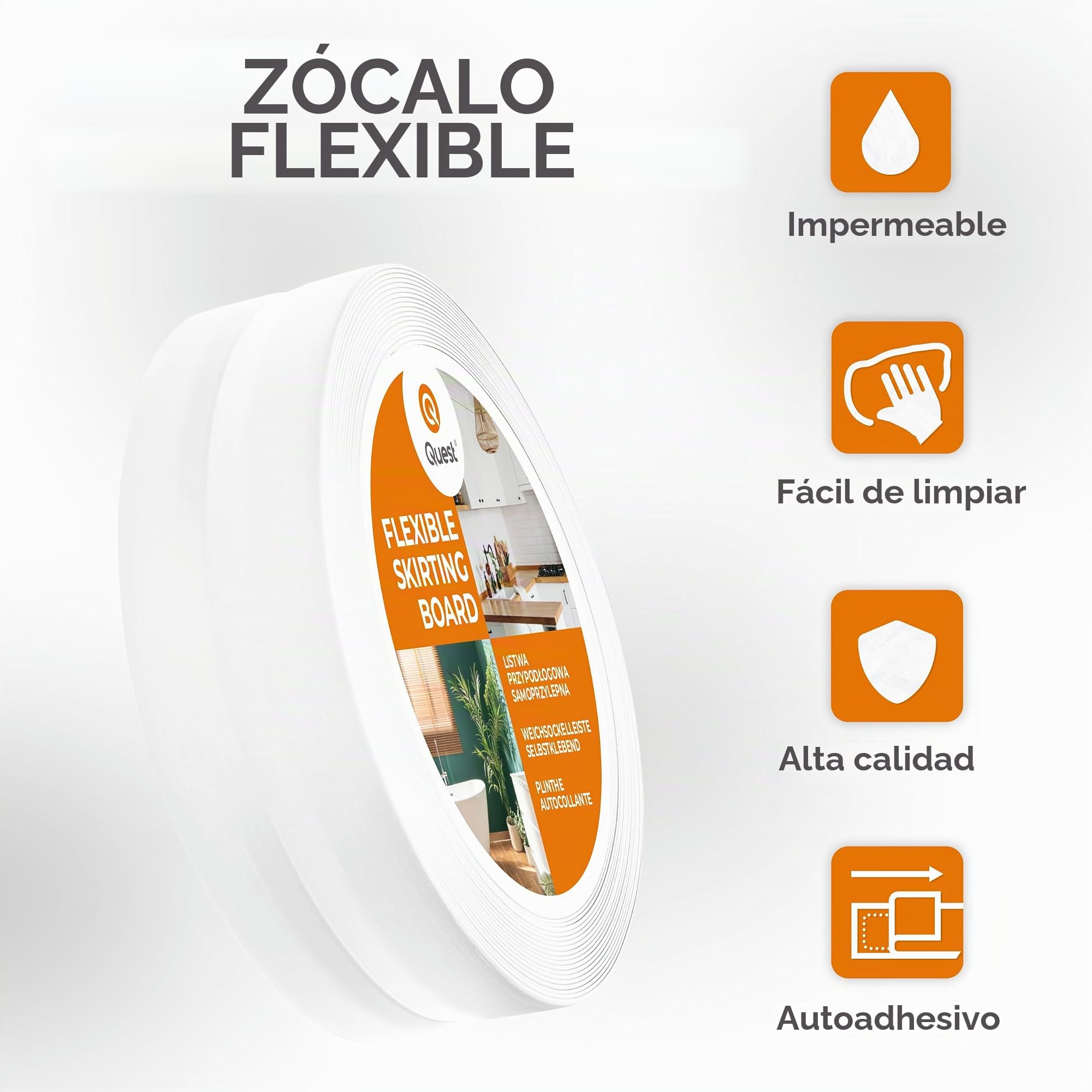 Quest Rodapiés Flexible Autoadhesivo, Rodapié de PVC - 32 mm x 23 mm - Moldura flexible, Listón doblable para interiores, pared, suelo – hermético, decorativo (Blanco, 5m)