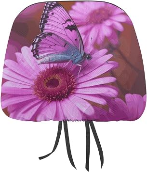 Flower Purple Butterfly Car Headrest Covers Soft Breathable Car Seat Head Rest Protector Universal Fit for Car Truck SUV Van Auto Interior Accessories 2 Packs