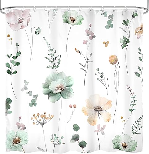 Miniatura 6 de Omifly Cortina de ducha con diseño floral de acuarela de 72 pulgadas de ancho x 72 pulgadas de alto, cortina de ducha de flores verde salvia beige