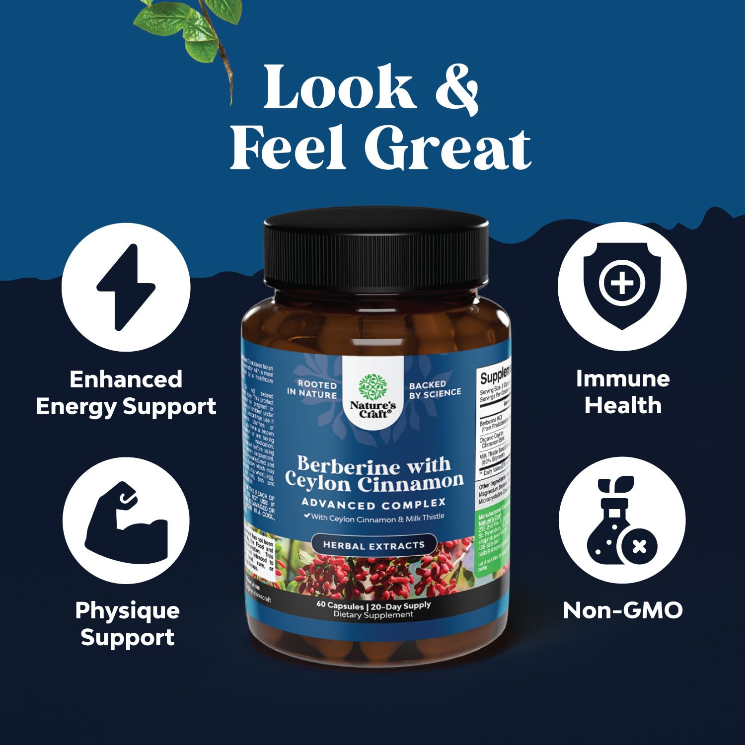 Berberine 1200mg with Ceylon Cinnamon Capsules, Supplement - 60 Count — Amazon image 2