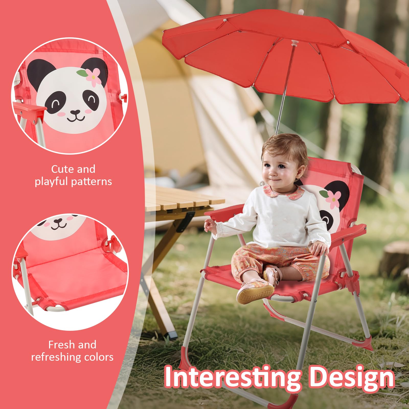 Sedia pieghevole per bambini, con ombrello, simpatico, animale, pieghevole, parasol, per bambini, da campeggio, con ombrellone, leggera, per parco, giardino, viaggi, esterni, patio (rosa)
