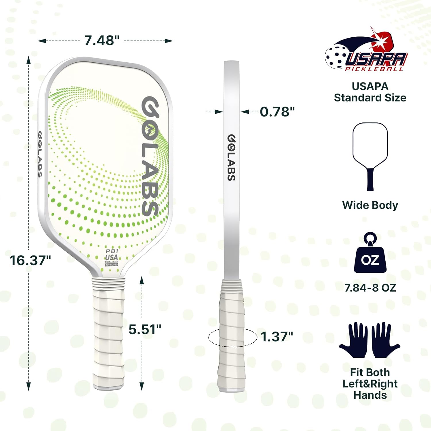 Golabs PB1 Pickleball Paddles Set of 2, Durable Fiberglass Surface& 16mm STR-Core Power Polymer Core, USAPA Approved, 8oz Lightweight & Comfort Anti-Slip Elongated Grip for Increased Power and Spin
