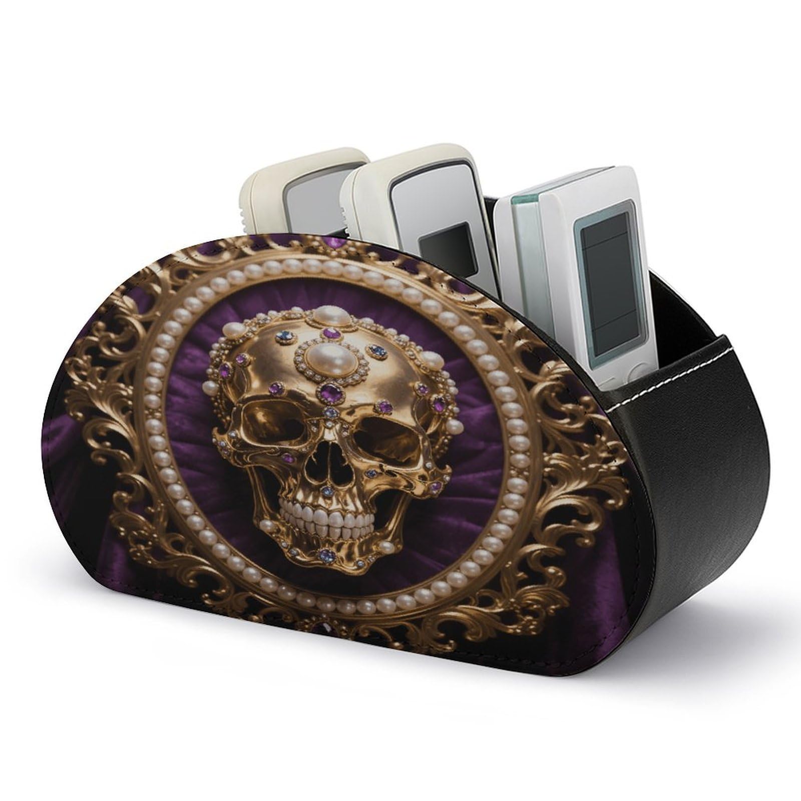VstaDank Baroque Metal Skull Remote Control Holder with 5 Compartments PU Leather TV Remoter Caddy Desktop Organizer TV Remote Holder Remote Box for Media Controllers Office Supplies