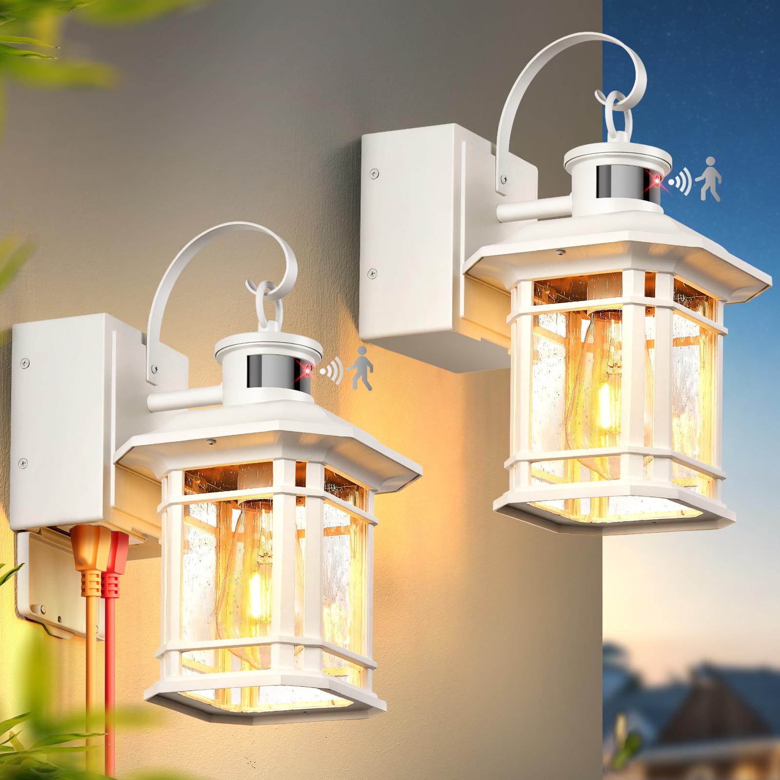 Photo 1 of OPAXIS 2 Pack White Porch Light with GFCI Outlet, 3 Modes Motion Sensor Exterior Lighting Fixtures, Dusk to Dawn Outside Lights for House, Porch, Garage, Waterproof, Anti-Rust
