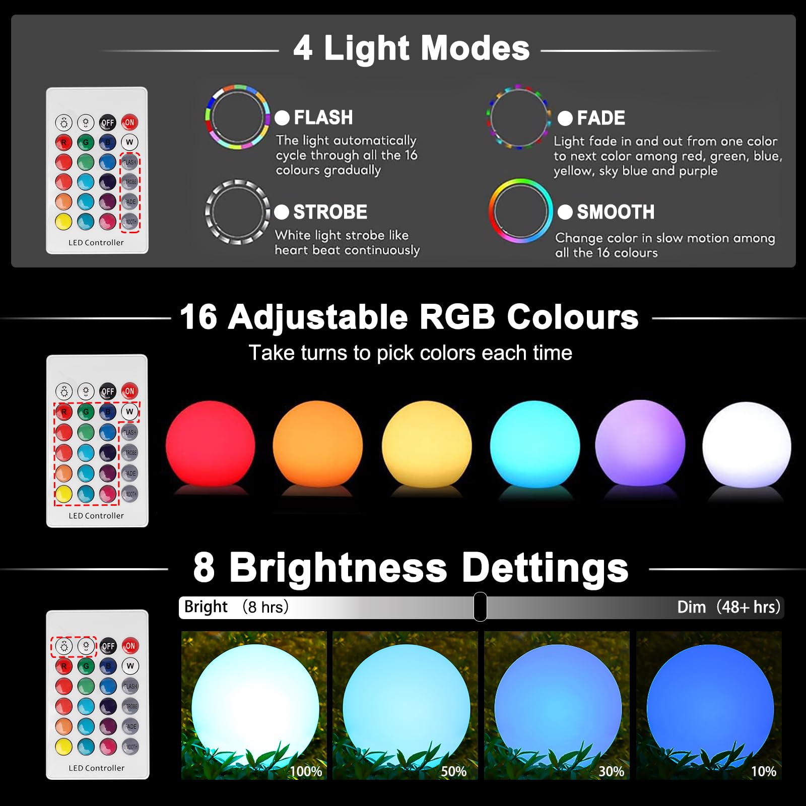 RGB Lampe Solaire Jardin Extérieur 30CM Boule IP66 Kit Eclairage Solaire Intensité Variable Decoration Terrasse