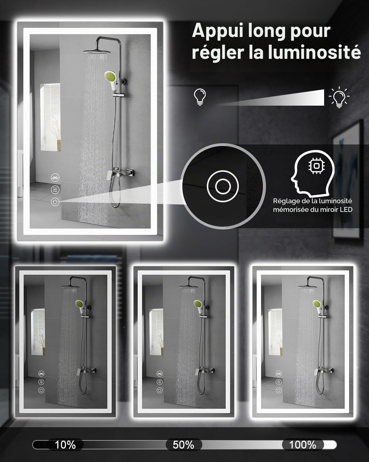 Miroir de salle de bain, LED, 40 x 60 cm, avec éclairage et interrupteur tactile Bluetooth, à intensité variable, couleur de la lumière 3 températures de couleur, anti-buée, avec lumière