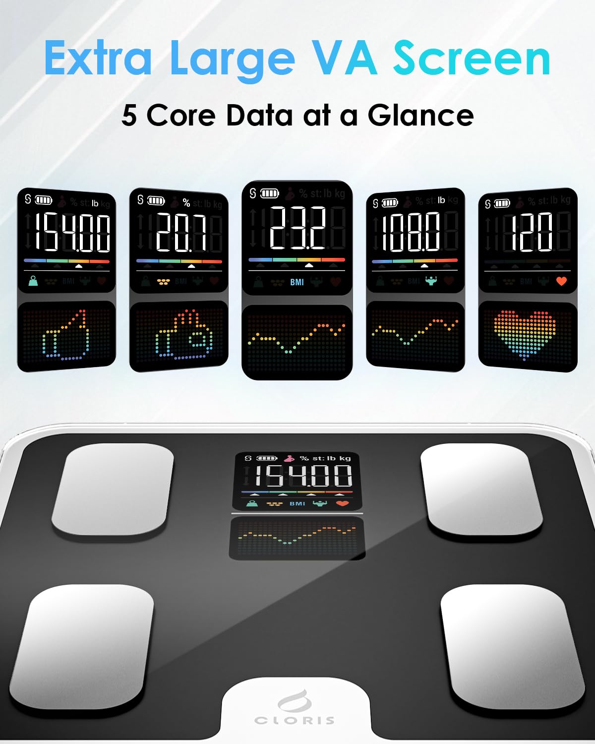CLORIS Báscula inteligente para grasa de peso corporal, máquina de pesaje digital de baño para un IMC preciso, analizador de salud de composición de masa muscular con aplicación Bluetooth