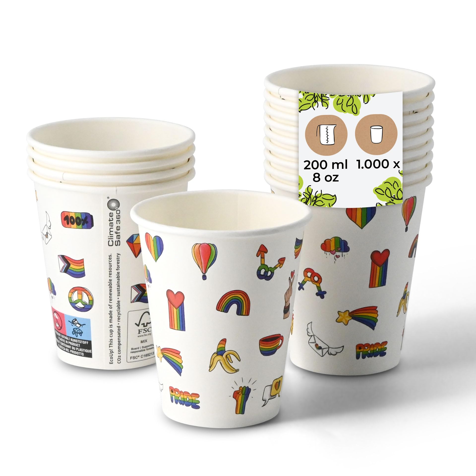 BIOZOYG Bicchieri di carta 1000 pezzi stampati 'Pride' 200ml/8oz, Ø 80mm Bianchi - Rivestiti - Bicchieri da caffè usa e getta - Bicchieri di carta colorati - Ecologici - Eleganti per eventi e feste