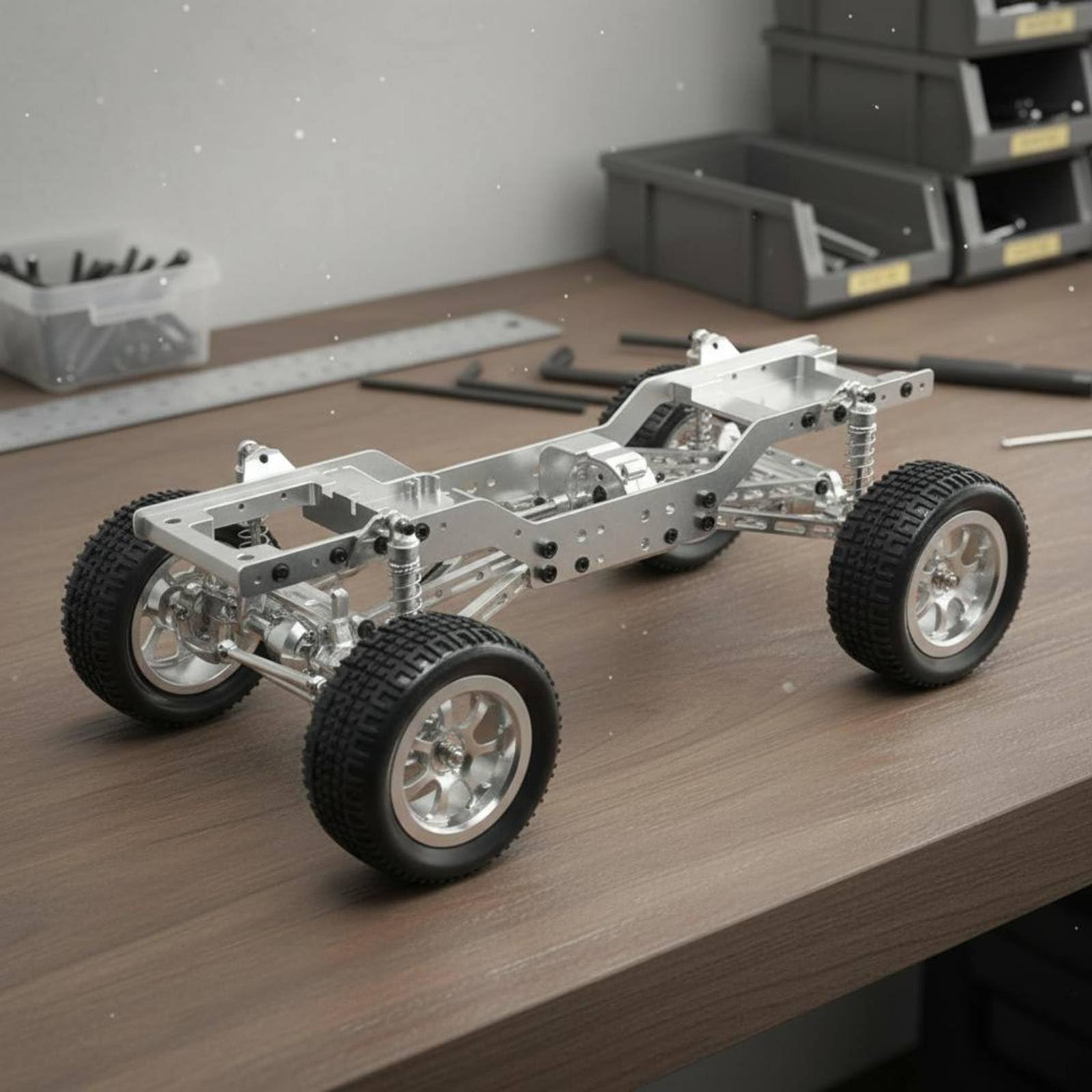 Telaio Elettrico Auto RC Kit Telaio Alluminio Ruote Assemblate Rialzati Ingranaggi Ferro Sospensioni Adatto per Modellismo Appassionato Hobby Personalizzato Percorsi Impegnativi, Argento