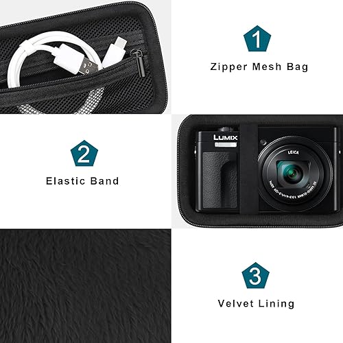 Miniatura 5 de Canboc Funda rígida para cámara digital Panasonic Lumix ZS200ZS100ZS80ZS70ZS60LX10 4K, bolsa de transporte para cámara, bolsillo de malla para cable