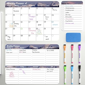Marsrock Dry Erase Magnetic Calendar for Refrigerator 3 Pack - Monthly & Weekly & Daily Planner Magnet Whiteboard for Fridge - Shopping, to Do List, Meal/Menu, Planning Board, 14"x11", Grey
